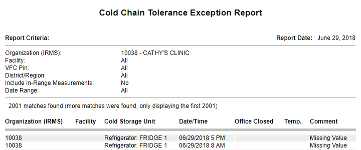 Example Cold Chain Tolerance Exception Report
