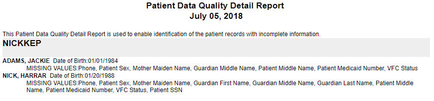Example Patient Data Quality Detail Report