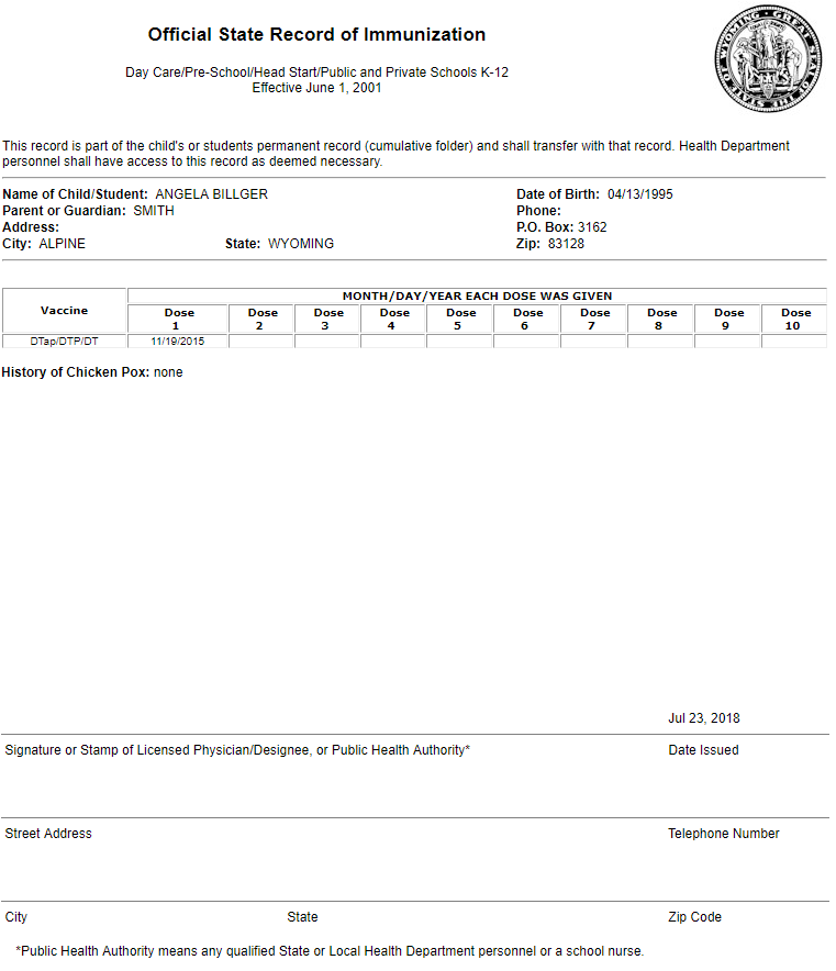Example School Form for Wyoming