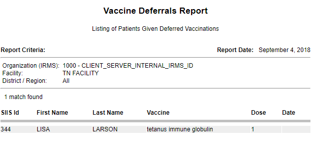 Example Vaccine Deferrals detail report