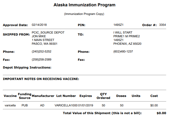 Example Vaccine Shipping Invoice report